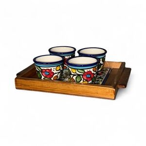 Handcrafted Floral Ceramic Cups with Wooden Tray